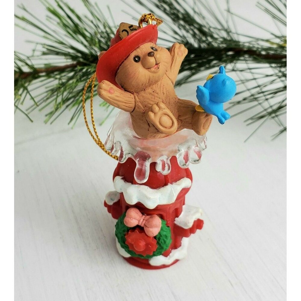Fireman Bear Christmas Ornament Fire Fighter Hydrant Bird Water Luster Fame VTG